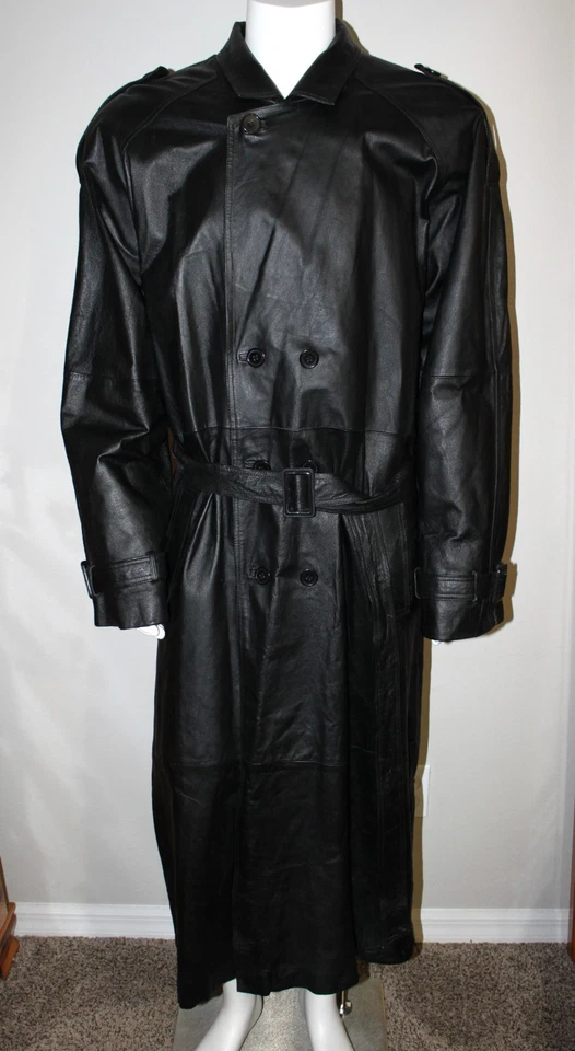 Men's Vintage PHASE TWO Size XLT Black Leather Belted Double Breast Trench Coat - Image 2 of 4