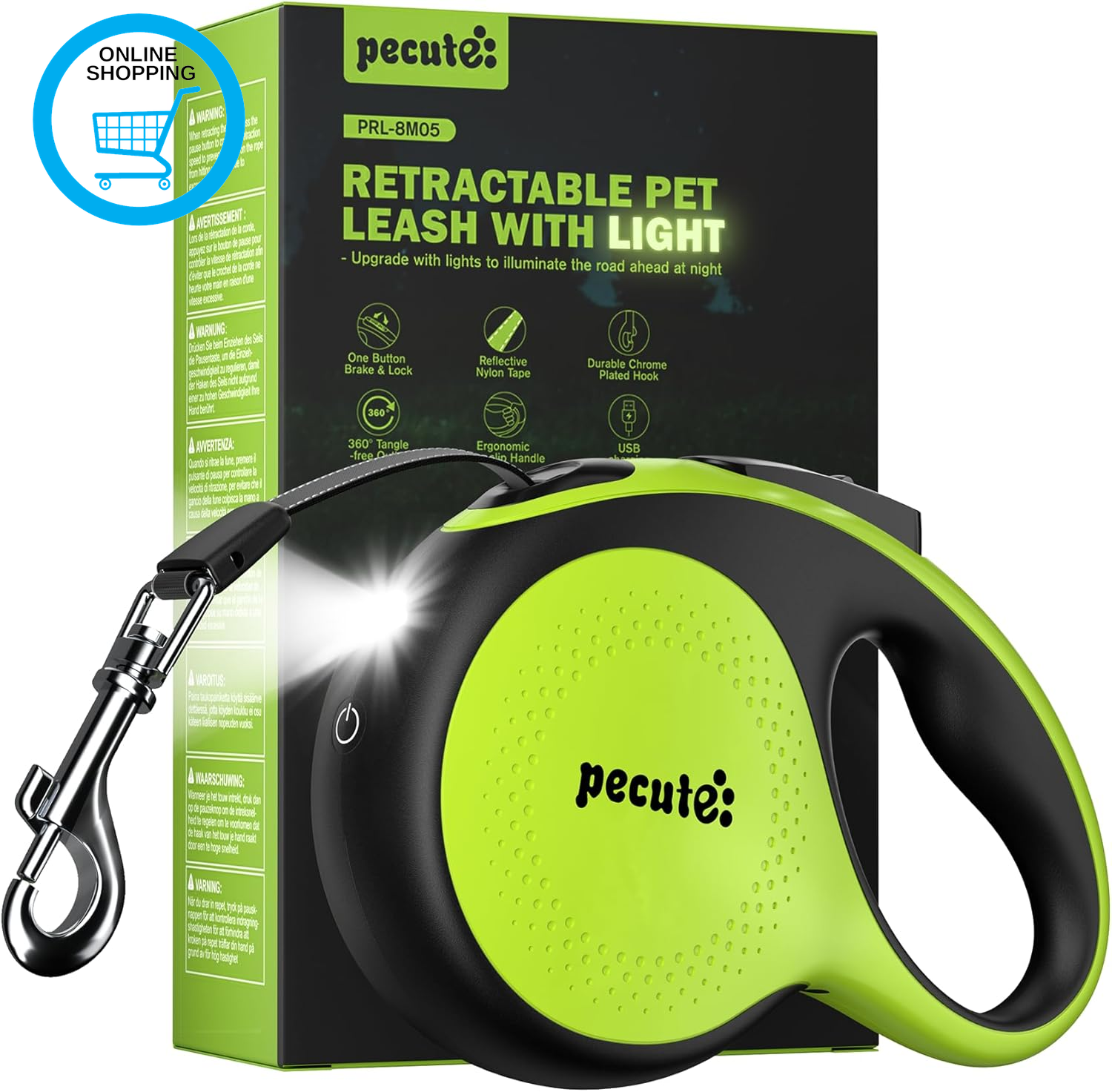 Retractable Dog Lead with Rechargeable LED Light, 8M/26Ft Dog Lead with 360° Tan