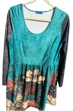 Aster Womens Large Floral Long Sleeve Dress Knee Length Turquoise EUC