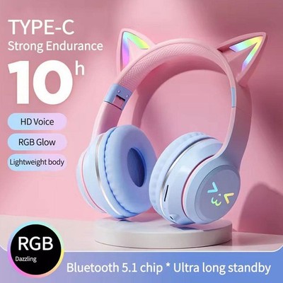 Gradient wireless Headphones cute cat ear Bluetooth Earphones Girls Kids Gi L5R4