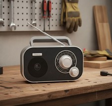 Portable AM FM Radio, AC Plug or Battery Powered, Large Dial, Grey