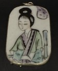 Vintage Chinese Hand Painted Porcelain Shard  Silver Metal Pendant 2” X 1.25” — photo 1