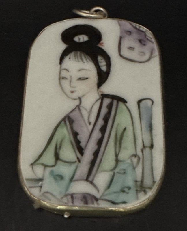 Vintage Chinese Hand Painted Porcelain Shard  Silver Metal Pendant 2” X 1.25”