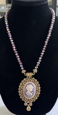 Gold Tone Crystal Glass Necklace With Cameo Pendant Brooch