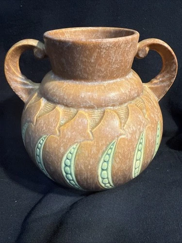 Roseville Falline Brown 1933 Vintage Arts And Crafts Ceramic Handled Vase 644-6