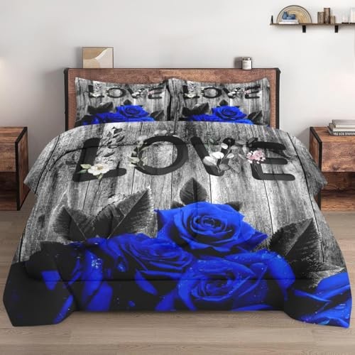 Comforter Set Size with 2 Pillowcases, Dark Blue Rose Flower 3 Queen Multi 21 - Picture 1 of 6