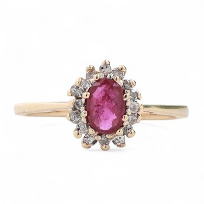 Ruby Diamond Floral Halo Ring 14K Yellow Gold 0.81 CTW Size 6.25 Ladies Estate