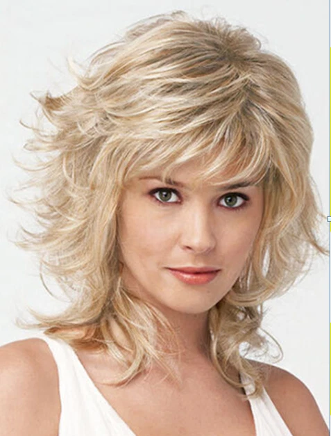 Medium Layered Wavy Natural Platinum Blonde Mix Synthetic Hair Wigs Women Soft - Image 2 of 4