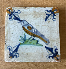 Fliese Kachel antik alt polychrom antique dutch tile tuile Delft Art Vogel Bird