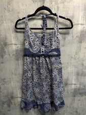 Taglia42 Floral Paisley Halter Dress Blue Boho Cotton Mini Dress S 8-10 (325)