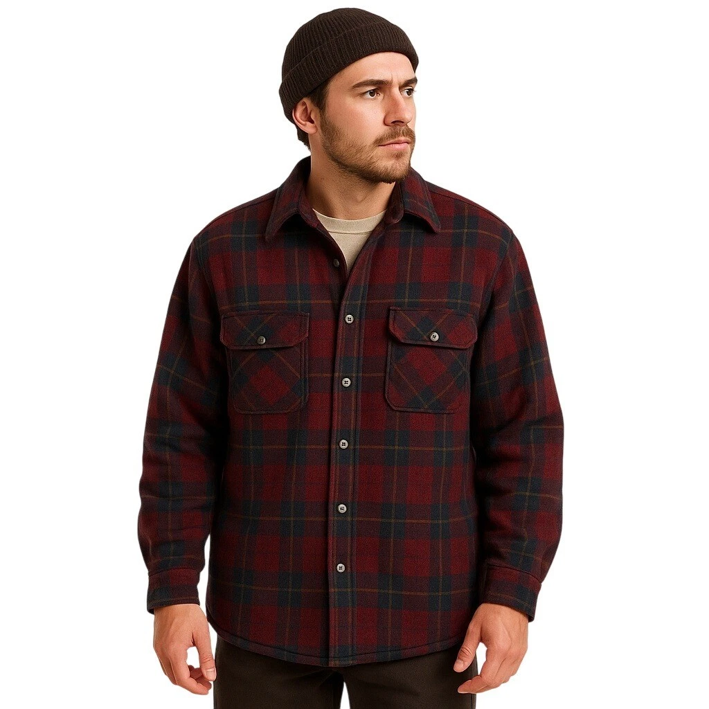 SHELTER BAY Quilted Flannel Shirt Jacket Red Plaid Wool Blend Mens L Outdoor