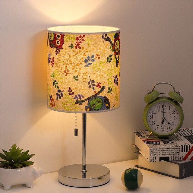 Owl Table Lamp Desk Light Fabric Shade Silver Metal Base Pull