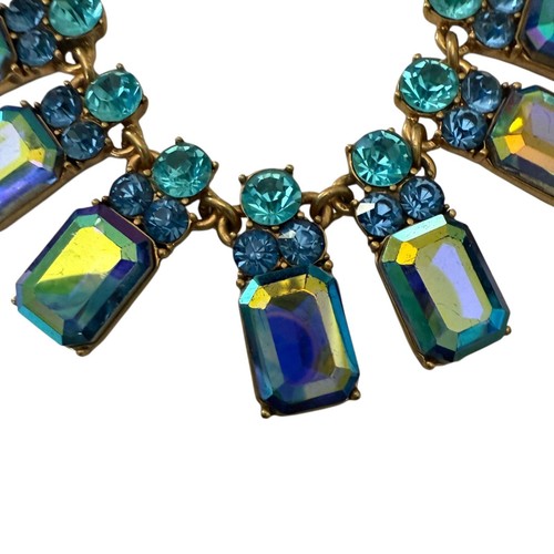 J Crew Statement Necklace Iridescent Blue Turquoise Crystal Stones Gold Adjustab - Picture 17 of 22