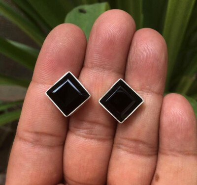 Black Onyx Square Cut Gemstone 925 Sterling Silver Women Handmade Stud Earrings
