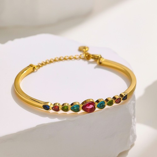 Fashion Woman 18K Gold Plated Heart Mutilcolor CZ Bracelet Opening Bangle - Picture 4 of 5