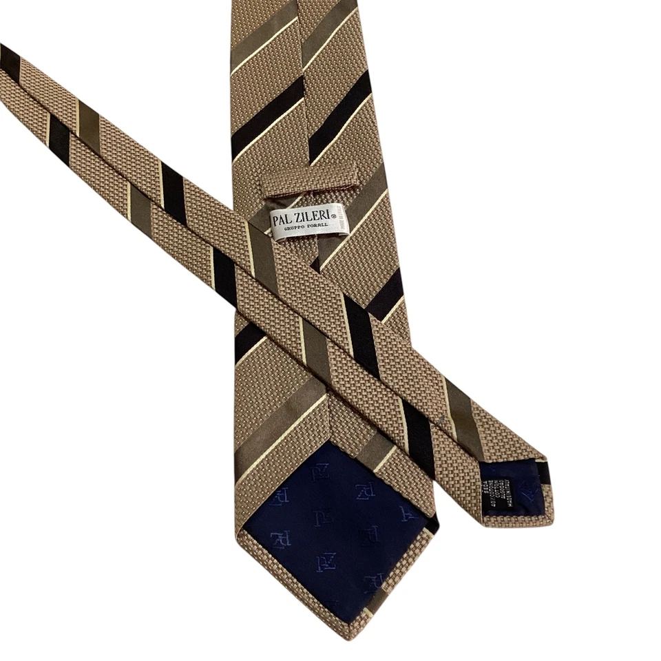 Corbata de hombre PAL ZILERI seda/algodón 3 5/8" diseñador ITALIA RAYAS tostado/negro usada en excelente estado Foto 3 de 3
