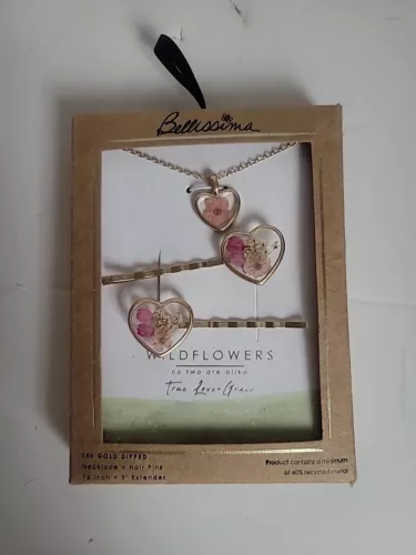 Flash Pressed Flower Pink Wildflower Heart Pendant Necklace and Bobby Pin Set