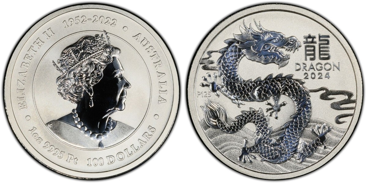 2024 1 Oz PLATINUM $100 Australia LUNAR YEAR OF THE DRAGON PCGS