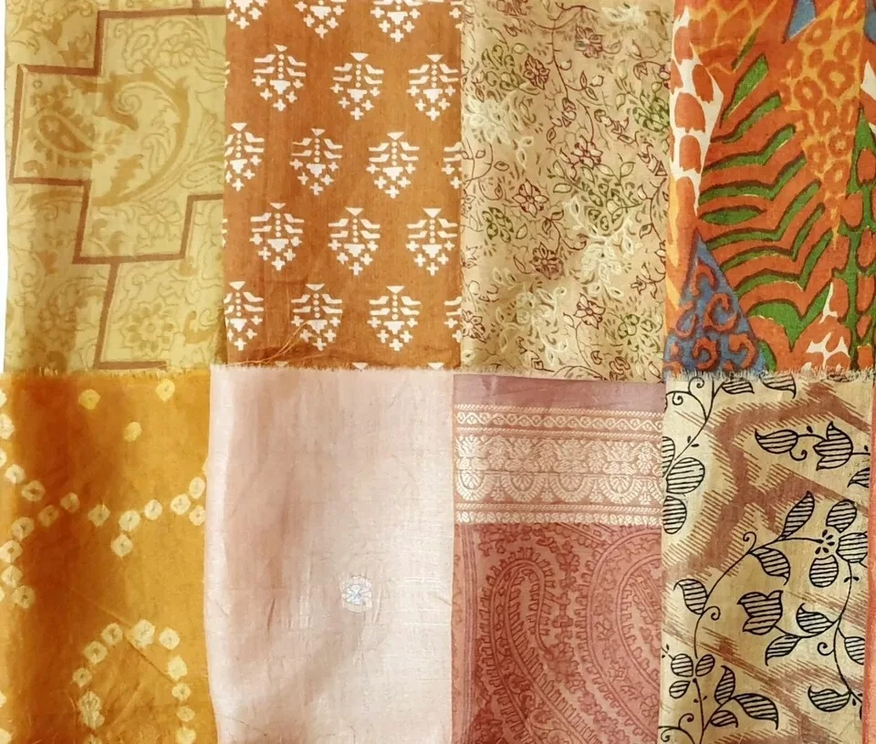 ON Vintage 50 Pcs Recycled Silk Sari Remnants 8"X8" Fabric Scraps Brown image 6