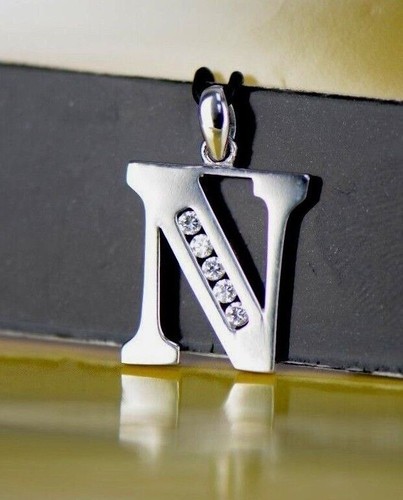 14k Solid White Gold Initial Letter CZ Pendant - Picture 24 of 36