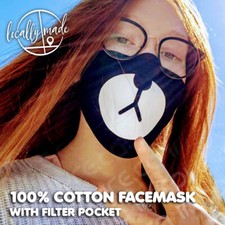 Cute Cartoon Bear Face Mask with Pocket, Made in USA with 100 USA Cotton
