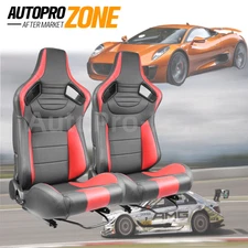 Pair of Red Black PVC Carbon Fiber Reclinable Leather Racing Seats with Silders
