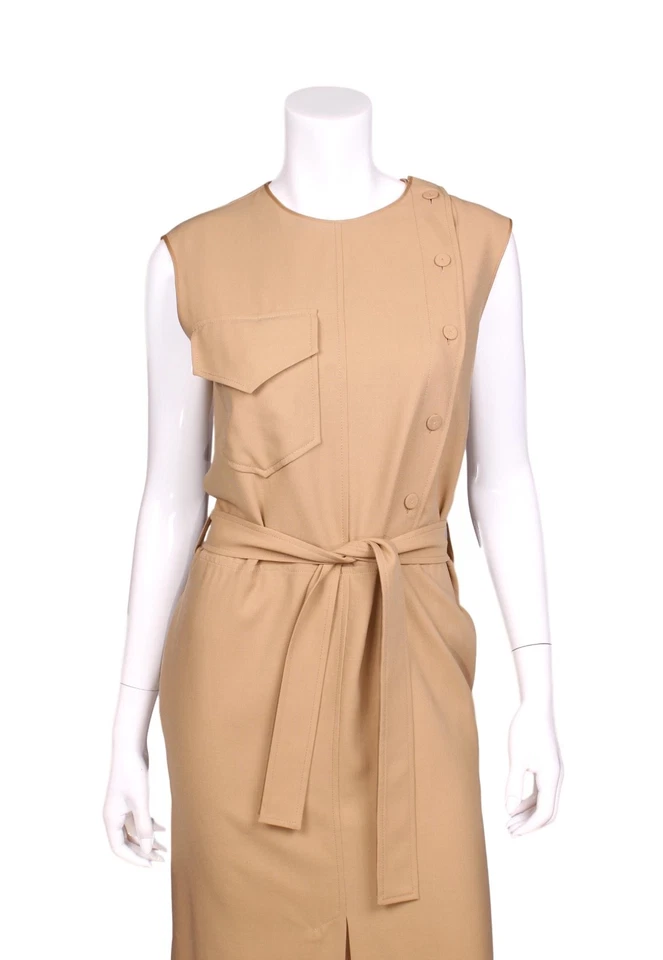 NUEVO CON ETIQUETAS NINA RICCI Vestido Midi Lana Beige Tostado Faja Corbata Cinturón Frontal Abertura - EE. UU. 10 Foto 4 de 4