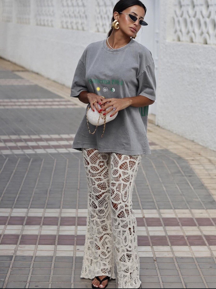NWT_ZARA ECRU FLARED CROCHET TROUSERS PANTS COTTON SIZE M NWT_ZARA ECRU FLARED CROCHET TROUSERS PANTS COTTON SIZE M