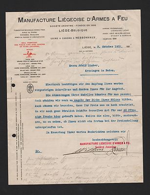LIEGE, Brief 1912, Manufacture Liégeoise d'Armes a Feu