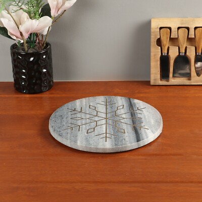 Marble Platter, Round Black Color with Brass Snowflake Inlay  Handmade 