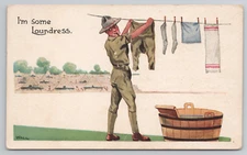 Patriotic Humor Postcard WWI US Army Solider Hanging Laundry Art Bernhardt Wall