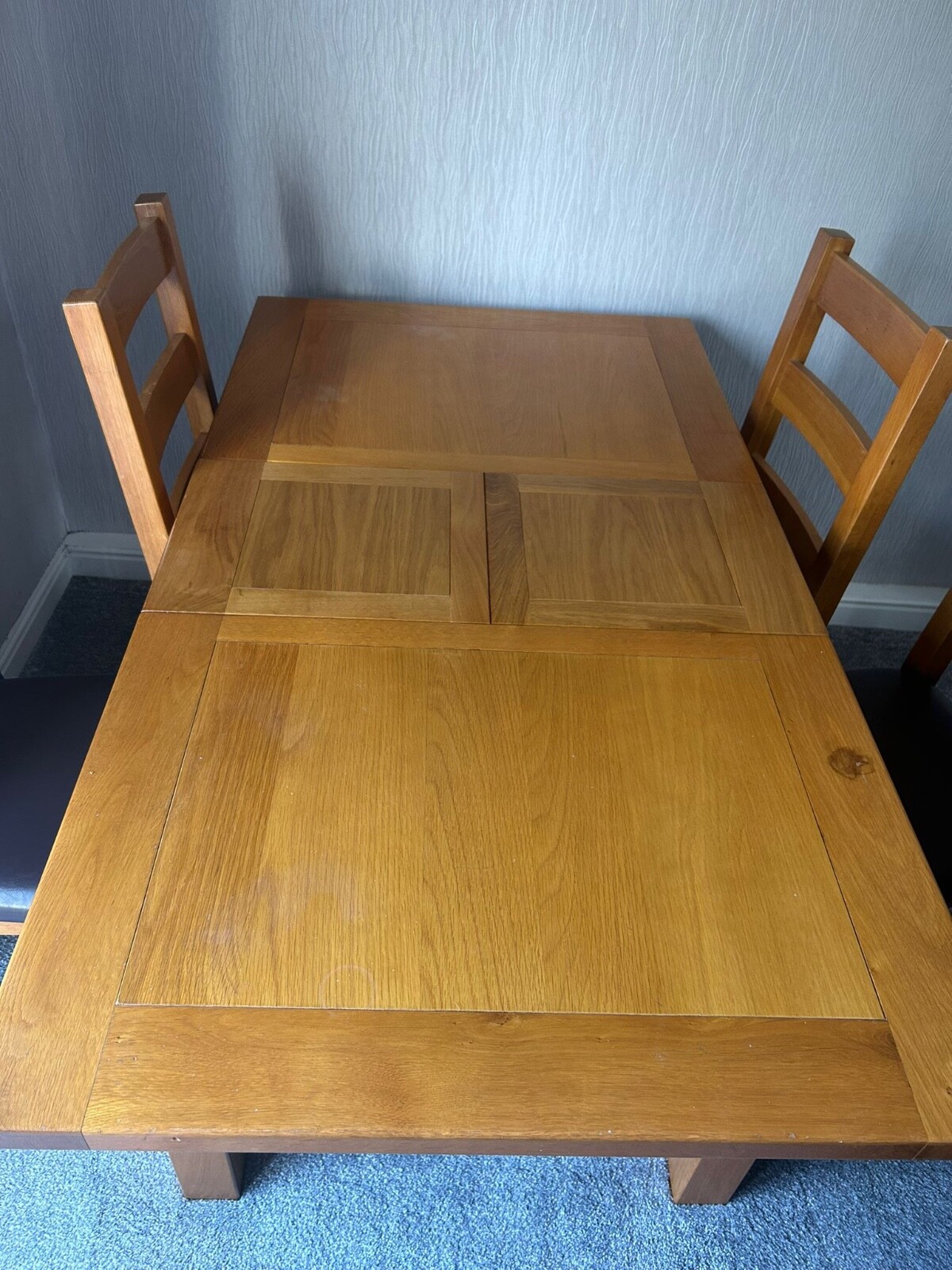 Used Hardwood Extendable Dining Table + 4 Matching Brown Leather Chairs