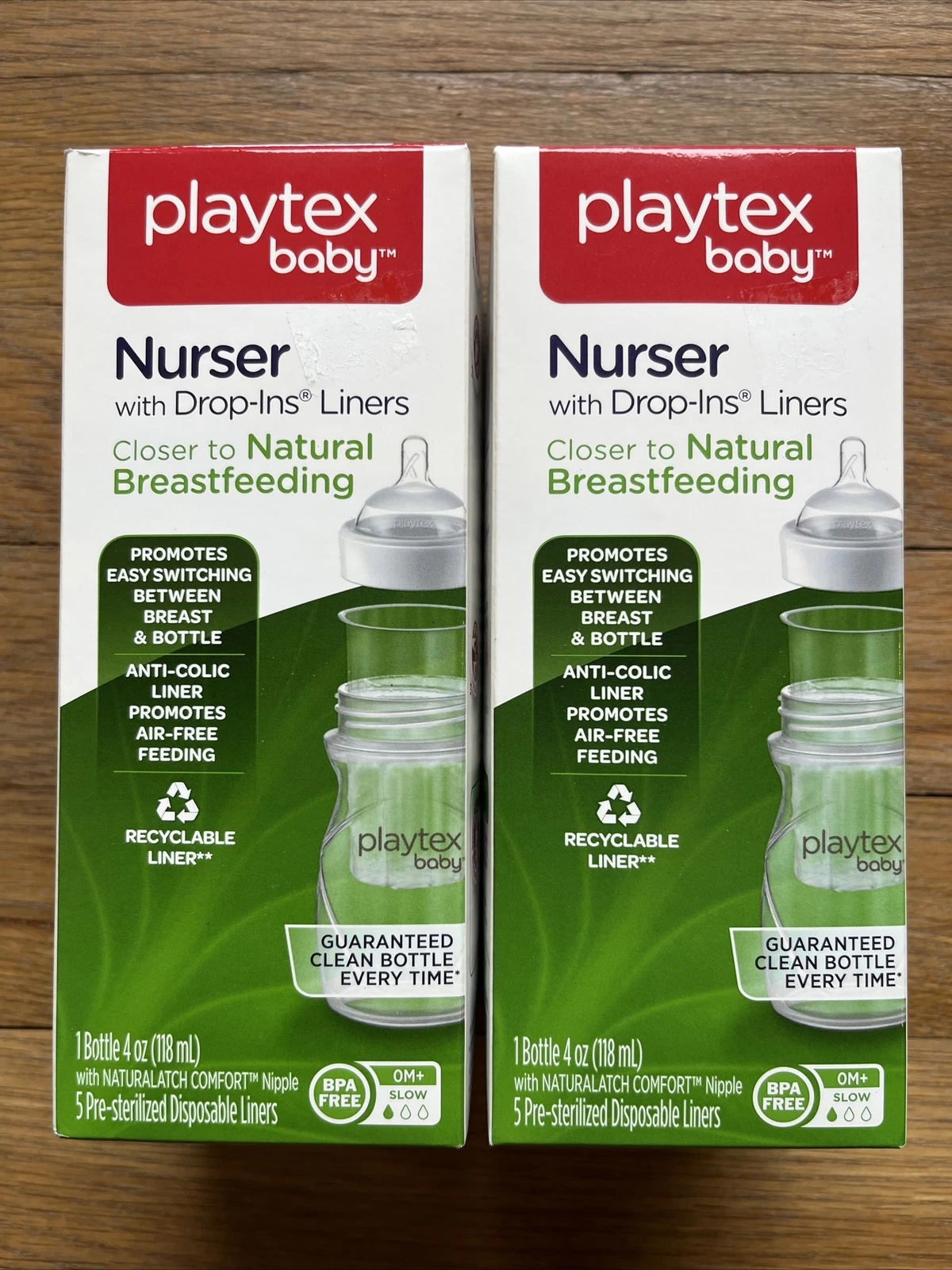 2 Playtex Baby Nurser w/ Drop Ins Liners 4 Oz Bottle, 5 Disposable Liners New