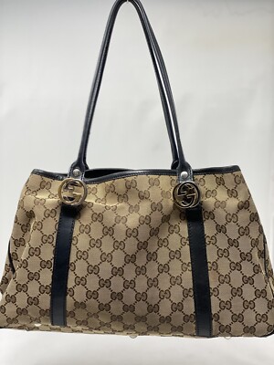 Auth GUCCI Brown GG Canvas Black Leather Shoulder Tote Bag