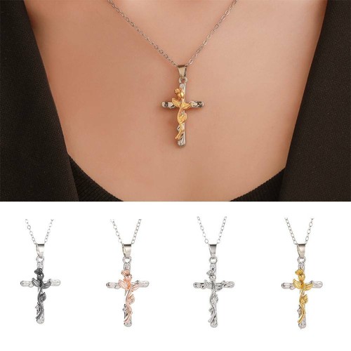 925 Silver Gold Tree Leaf Rose Crucifix 