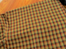 66"L x 60"W Tan with Burgandy  Navy plaid poly blend fabric.