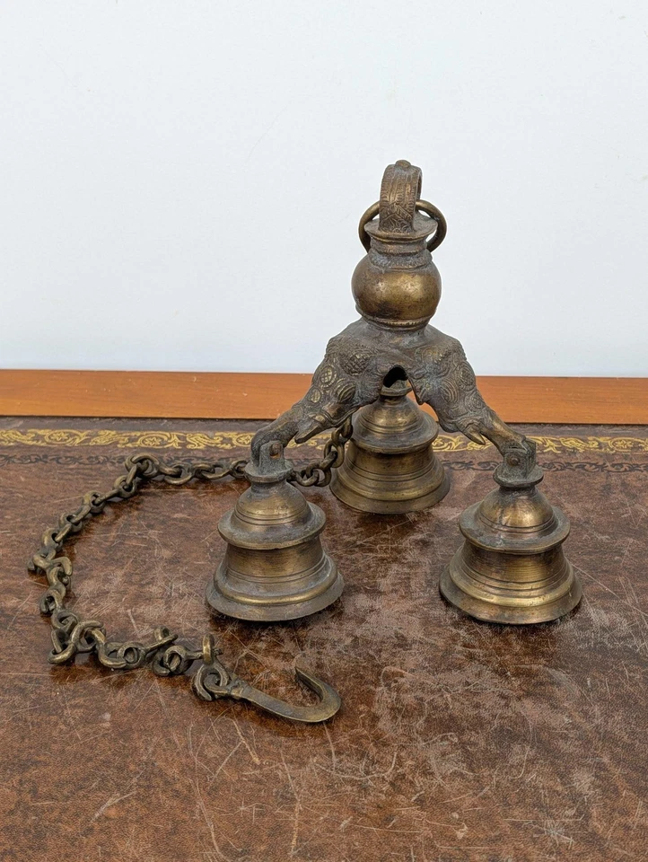 Indian brass ghanta hanging ceremonial temple bells with three elephant heads - Image 2 of 4