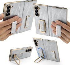 Dual Grip for Samsung Galaxy Z Fold 6 Case with Stand, Leather Metal ...