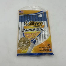 Vintage Bic Round Stic Pens NOS 10 Blue Ink Sealed Made In The USA Medium