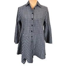 Niche Black & Gray Checkered Button Down Tunic Top Women's Small Lagenlook Artsy