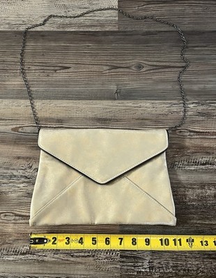 NWOT La Diva Metallic Gold Tan Envelope Clutch Chain Crossbody Bag Evening Purse