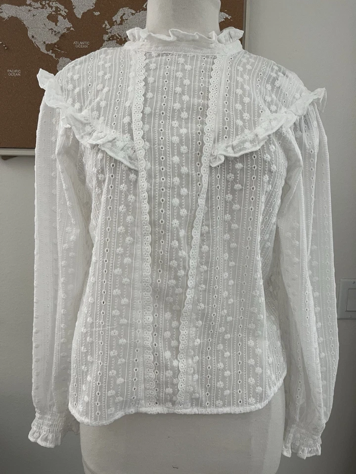 Top Zara Mediano Ojales Bordado Blanco Cottagecore Pradera Steampunk Victoriano