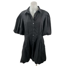 NEW Gap Womens Black Pleated Short Puff Sleeve Button Down Mini Shirt Dress Sz M