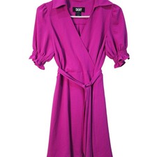 DKNY Pink Crossover Dress Short Ruffle Sleeve Belted Size 4 Feminine Classic