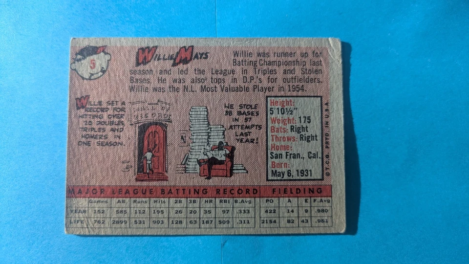 1958 Topps #5 Willie Mays Gigantes de San Francisco Salón de la fama Foto 3 de 4
