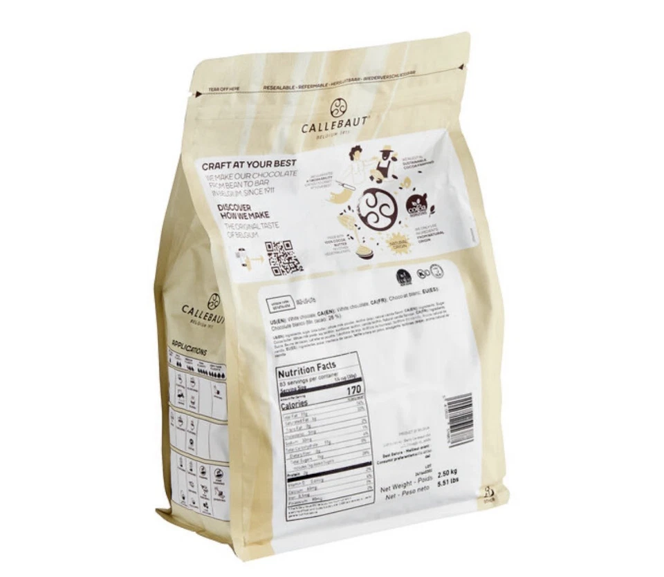 Callebaut W2 28% Finest Belgian White Chocolate Callets 5.5 lbs – Free Delivery - Image 2 of 3