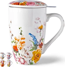 GBHOME Tea Mug with Infuser and Lid, 18 Ounce Large Ceramic Loose Leaf Tea Cup,