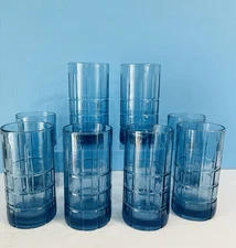 2 Sets Of 4 Lovely  Anchor Hocking Blue Tartan Plaid Ice Tea Glasses~PRISTINE!