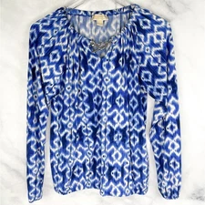 Michael Kors Necklace Chain Logo Toggle Puff Sleeve Blouse Top Blue Mature XS