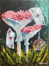 Mushrooms Original Oil Painting Fly Agaric Art Alice In Wonderland Forest 9x7 in